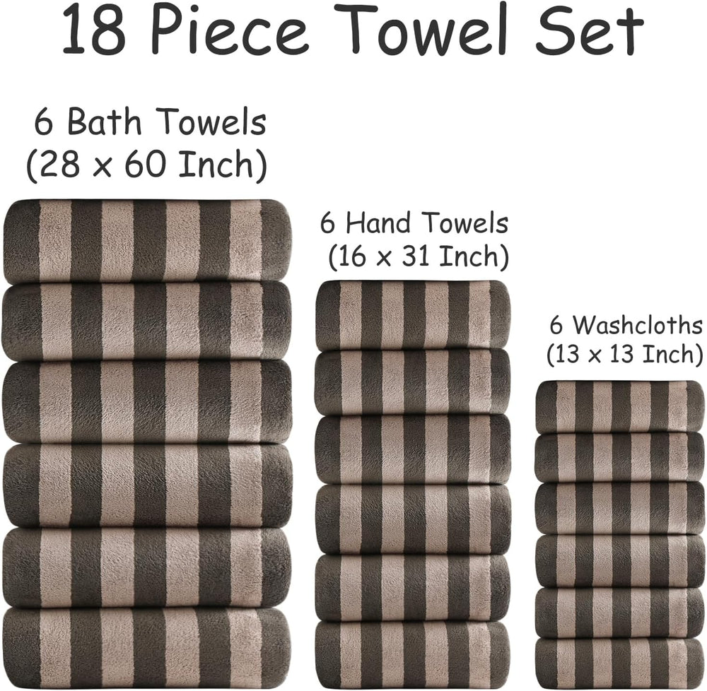 18 Pcs Brown Cabana Stripe Bath Towel Set with Hanging Loop-6 Bath Towels,6 H...