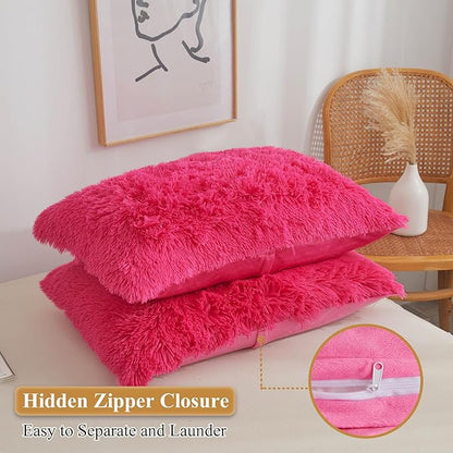 XeGe Faux Fur Fluffy Pillow Cases, Soft Plush Shaggy Furry Hot Pink Pillowcases - Image 3
