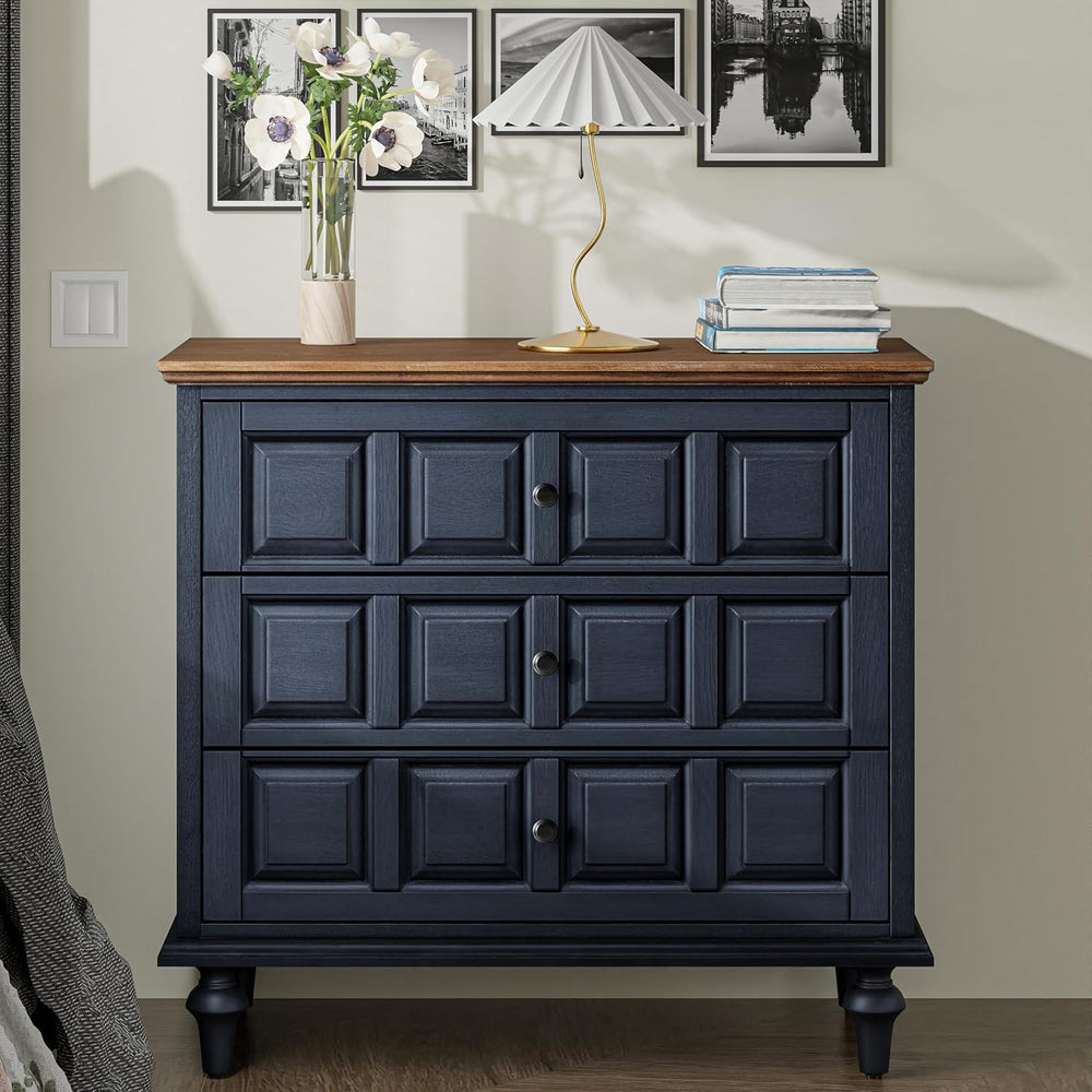 Aoikax Retro 3 Drawer Dresser X 2P, Natural Wood, Dark Blue