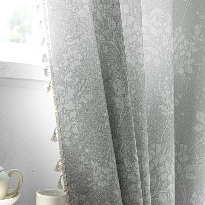 ENJOYBRIDAL Floral Curtains 96 Inches Long Grey Light Filtering Drapes Rod - Image 5
