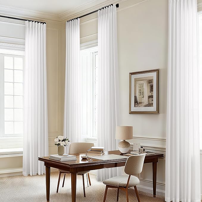 Ivory White 105 Inch Long Curtains Pinch Pleat Memory Shape Trained Linen by DUKIYO