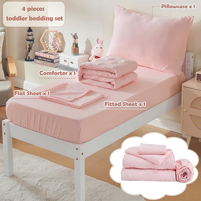 4 Piece Toddler Bedding Set for Girls Pink Geometric Stitched Soft Microfiber - Image 6