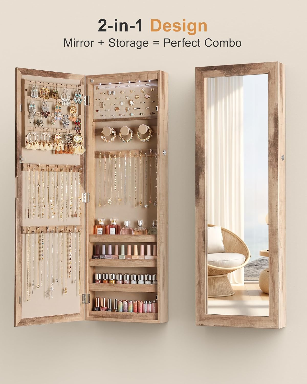 nicetree 6 leds jewelry armoire, hanging mirror jewelry, close-up detail