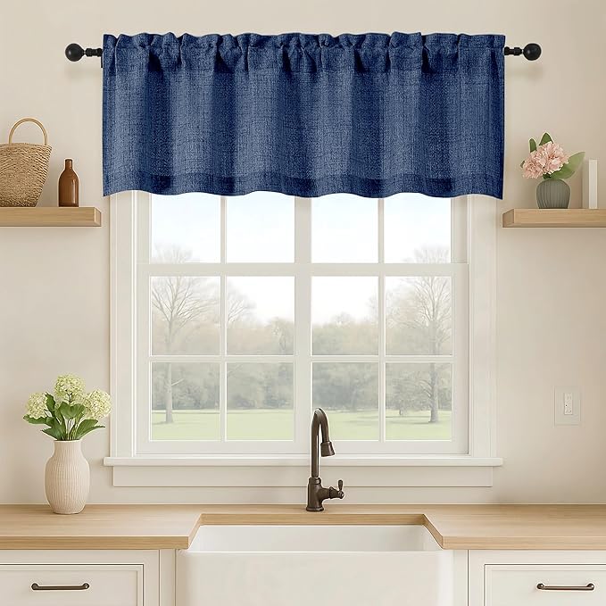 OVZME Navy Blue Valance for Windows, Light Filtering Faux Linen Textured Small by OVZME