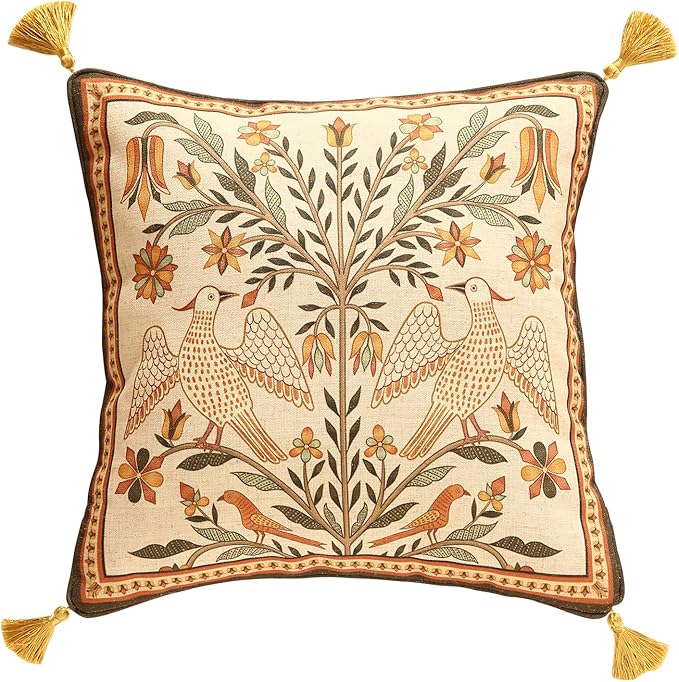 Square Brown Throw Pillow Covers, Floral Farmhouse Yellow Birds Flower Pattern by bilingaier