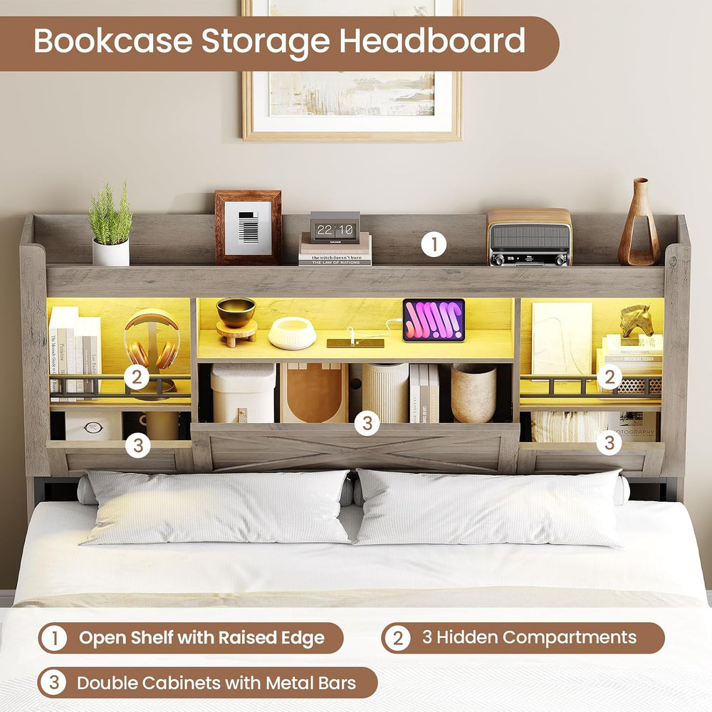 Farmhouse Full Size Bed Frame with Flip-Down Bookcase Storage Headboard and 4...