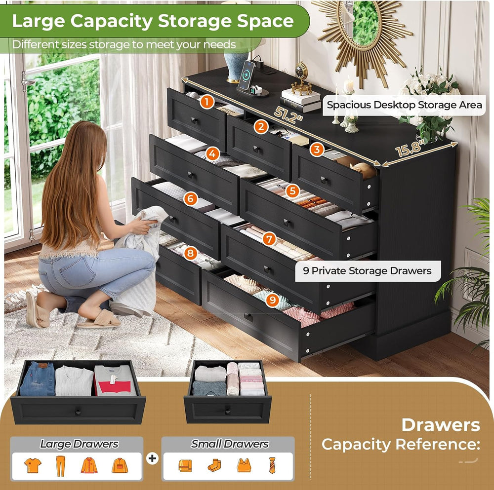Hasuit Black Dresser for Bedroom with 9 Drawers, 51.2" Large Drawer Dres...