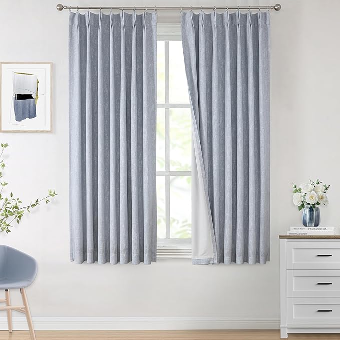 Vision Home Chambray Blue Full Blackout Curtains Pinch Pleated Room Darkening by VisionHome