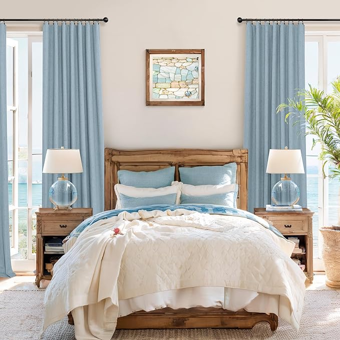 Slate Blue Curtains 108 Inches Long 2 Panel Burg 100% Blackout Boho Linen - Image 2