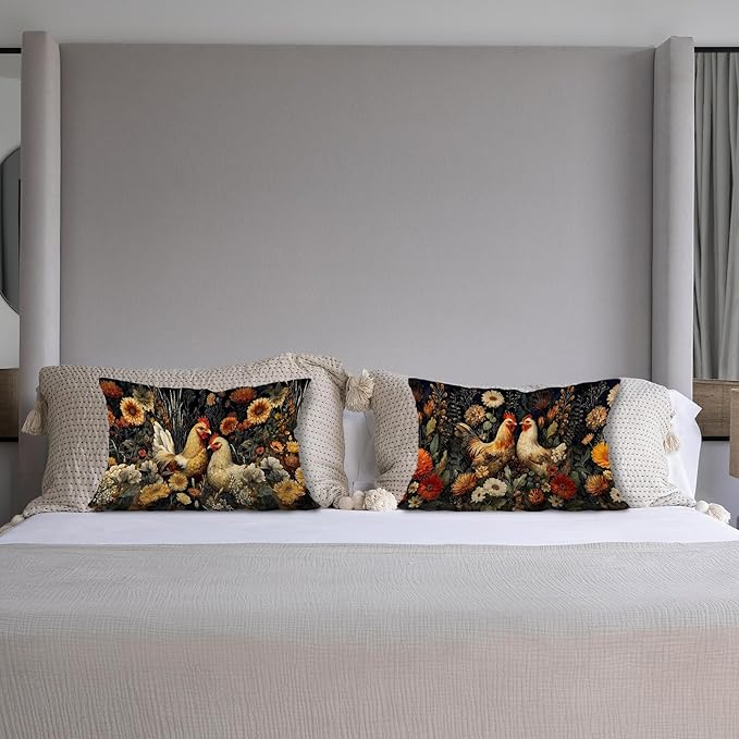 Vintage Moody Floral Chicken Pillow Covers 12x20 Set of 2, Chicken Lover Mom - Image 4