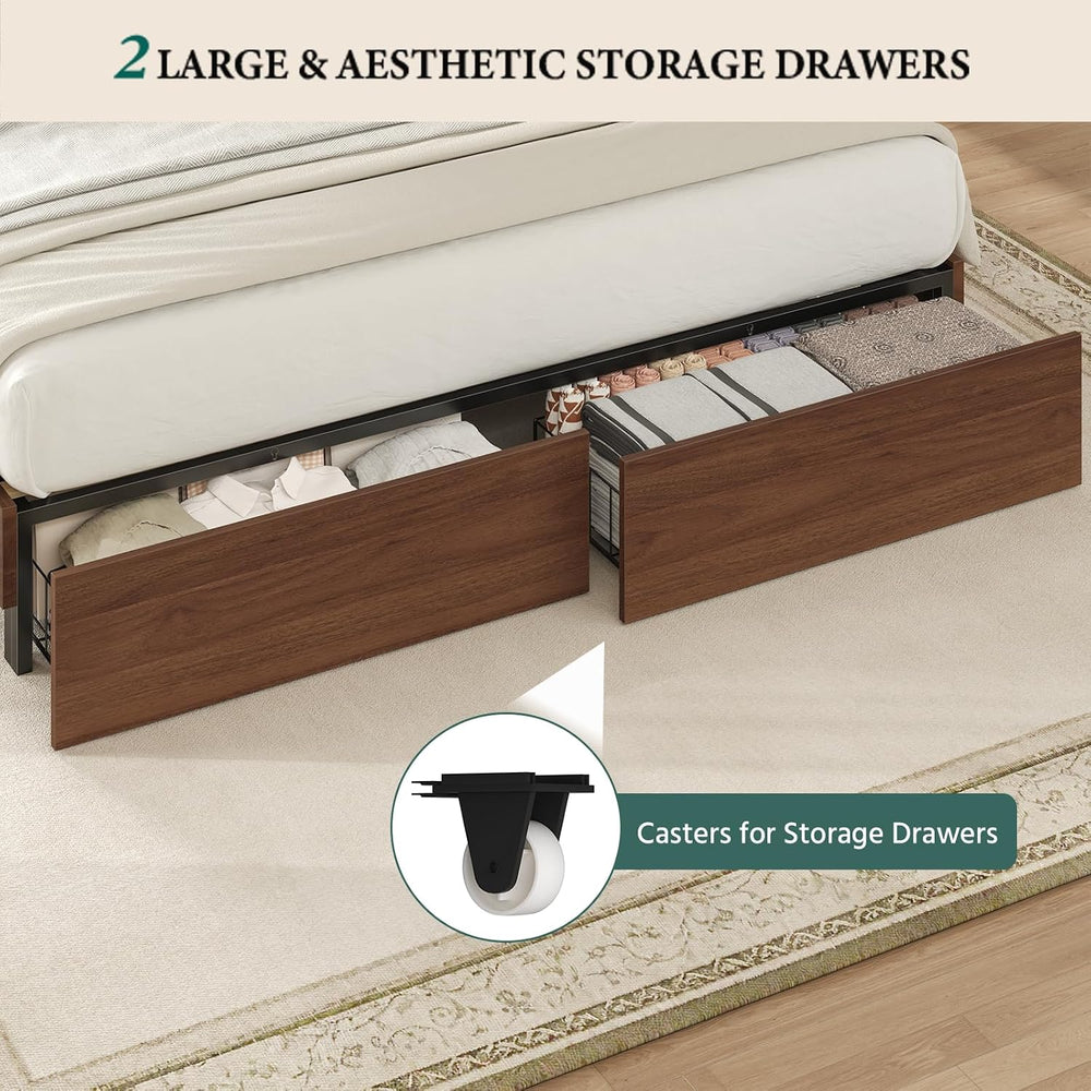 King Size Bed Frame with Storage Headboard & 2 Drawers, Mid-Century Moder...
