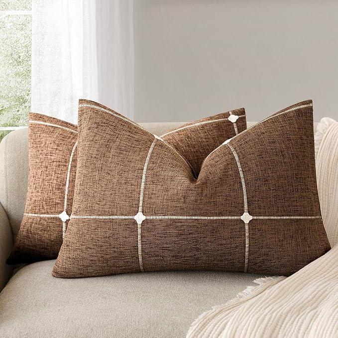 Foindtower Pack of 2 Decorative Faux Linen Jacquard Check Throw Pillow Covers by Foindtower