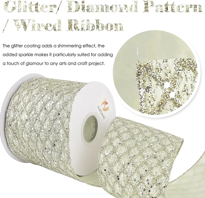HUIHUANG Champagne Wired Ribbon 4 inch Glitter Christmas Tree Ribbon Diamond - Image 2