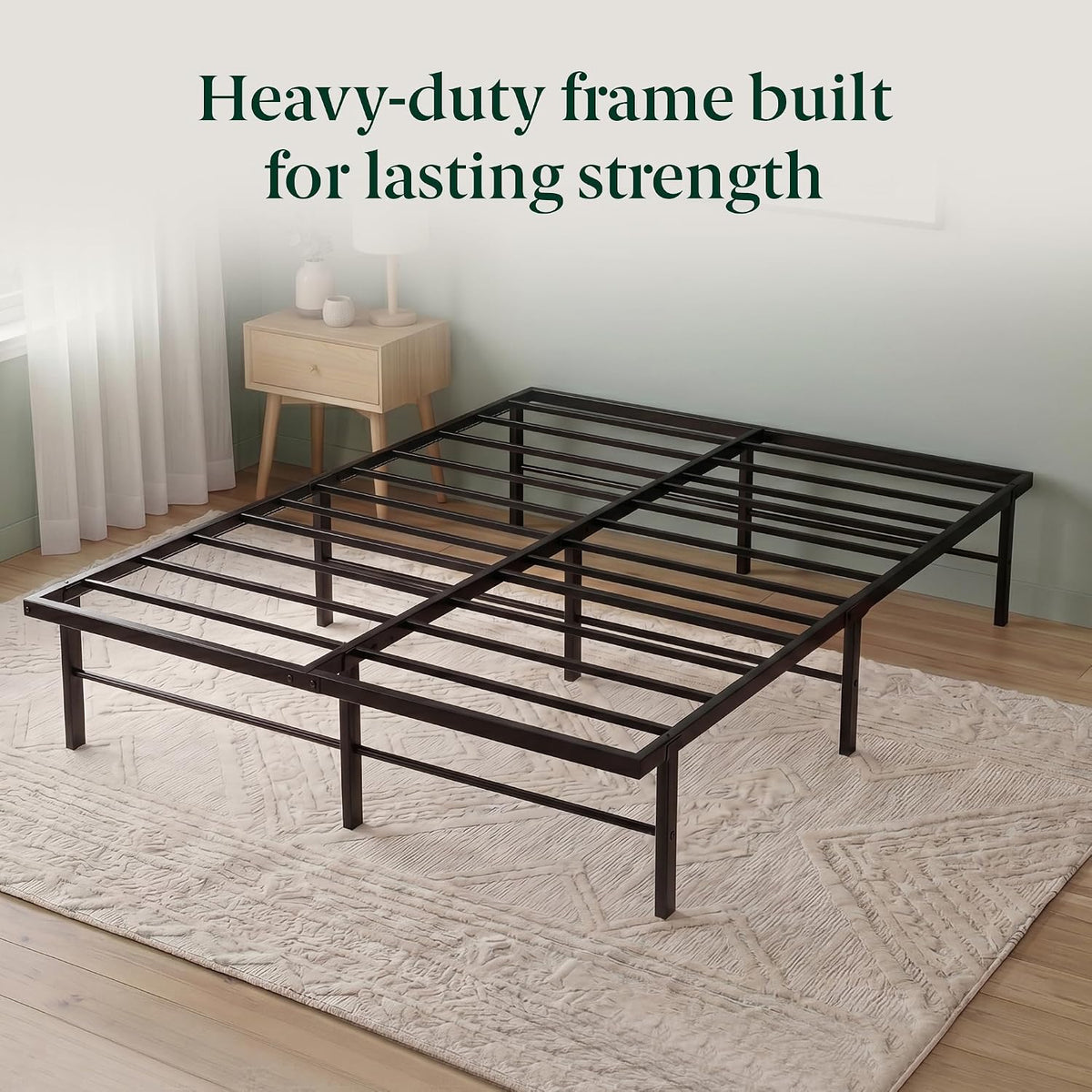 zinus rumi heavy duty metal platform bed frame showing dimensions