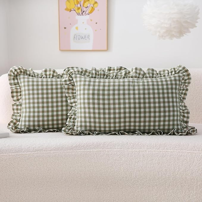 2 Pack Sage Green Plaid Ruffle Gingham Lumbar Throw Pillow Shams, 100% Washed by KMASANIJI