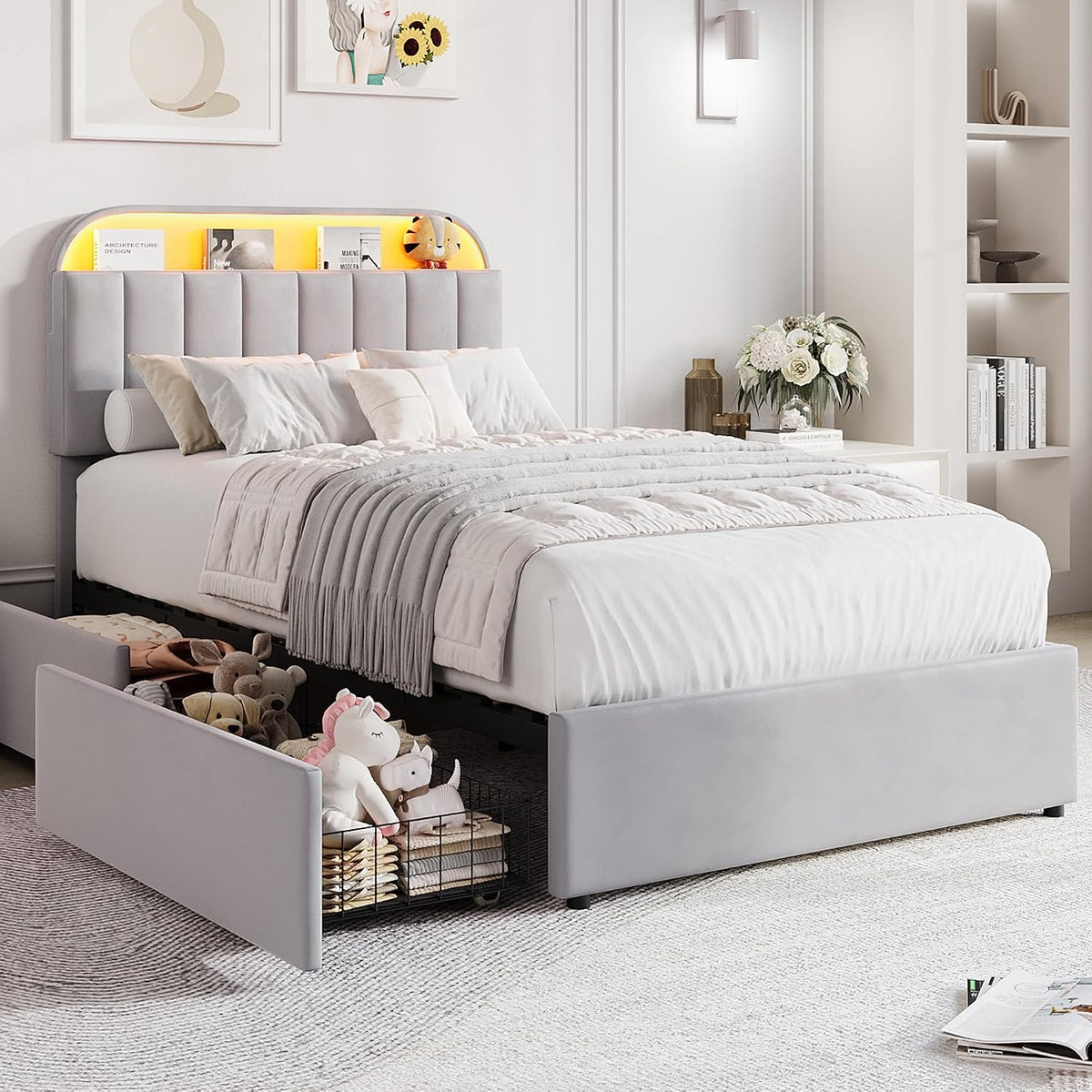 garveehome twin bed frame, platform bed with storage shown in use