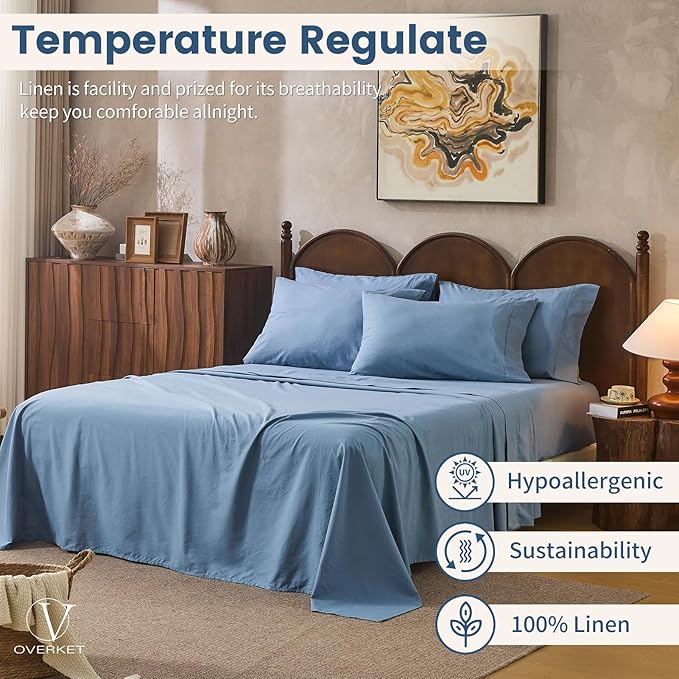 100% Linen Sheets California King Size, Breathable & Durable 4-Piece Bed Flax - Image 5
