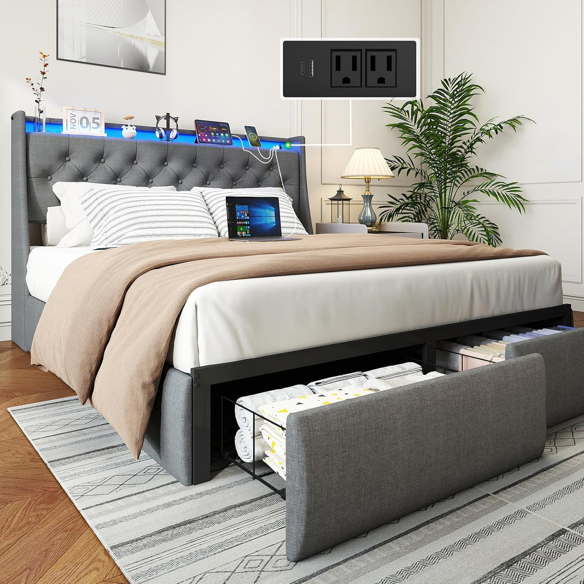 upholstered wingback full bed frame with 2 storage, main product view