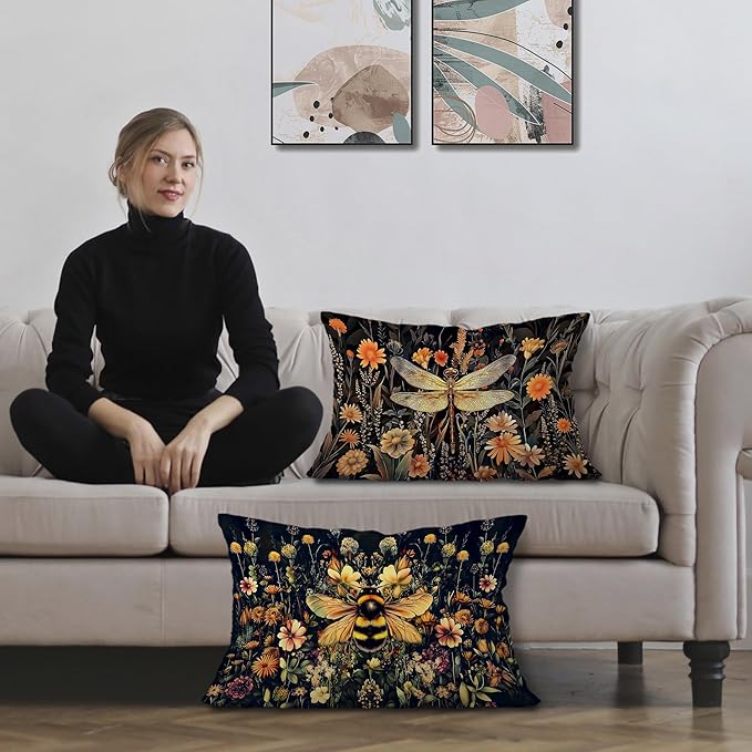 Moody Vintage Dragonfly Bee Floral Pillow Covers 12x20 Set of 2, Dark - Image 2