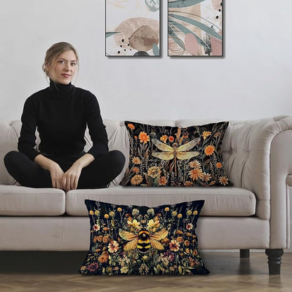 Moody Vintage Dragonfly Bee Floral Pillow Covers 12x20 Set of 2, Dark - Image 2