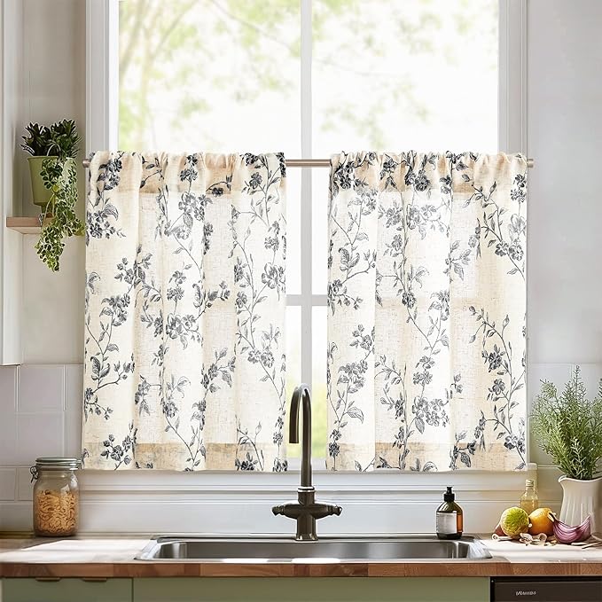jinchan Floral Kitchen Curtains 30 Inch Linen Tier Curtains Farmhouse Cafe Half by JINCHAN