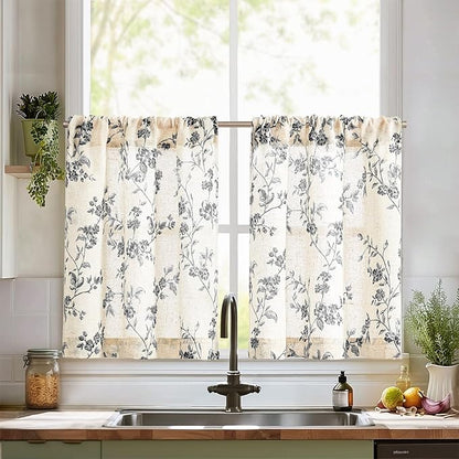 jinchan Floral Kitchen Curtains 30 Inch Linen Tier Curtains Farmhouse Cafe Half by JINCHAN