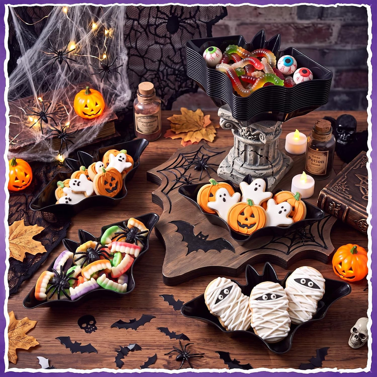 Honeydak 24 Pcs Halloween Candy Bowl, Plastic Bat Shaped Serving Trays