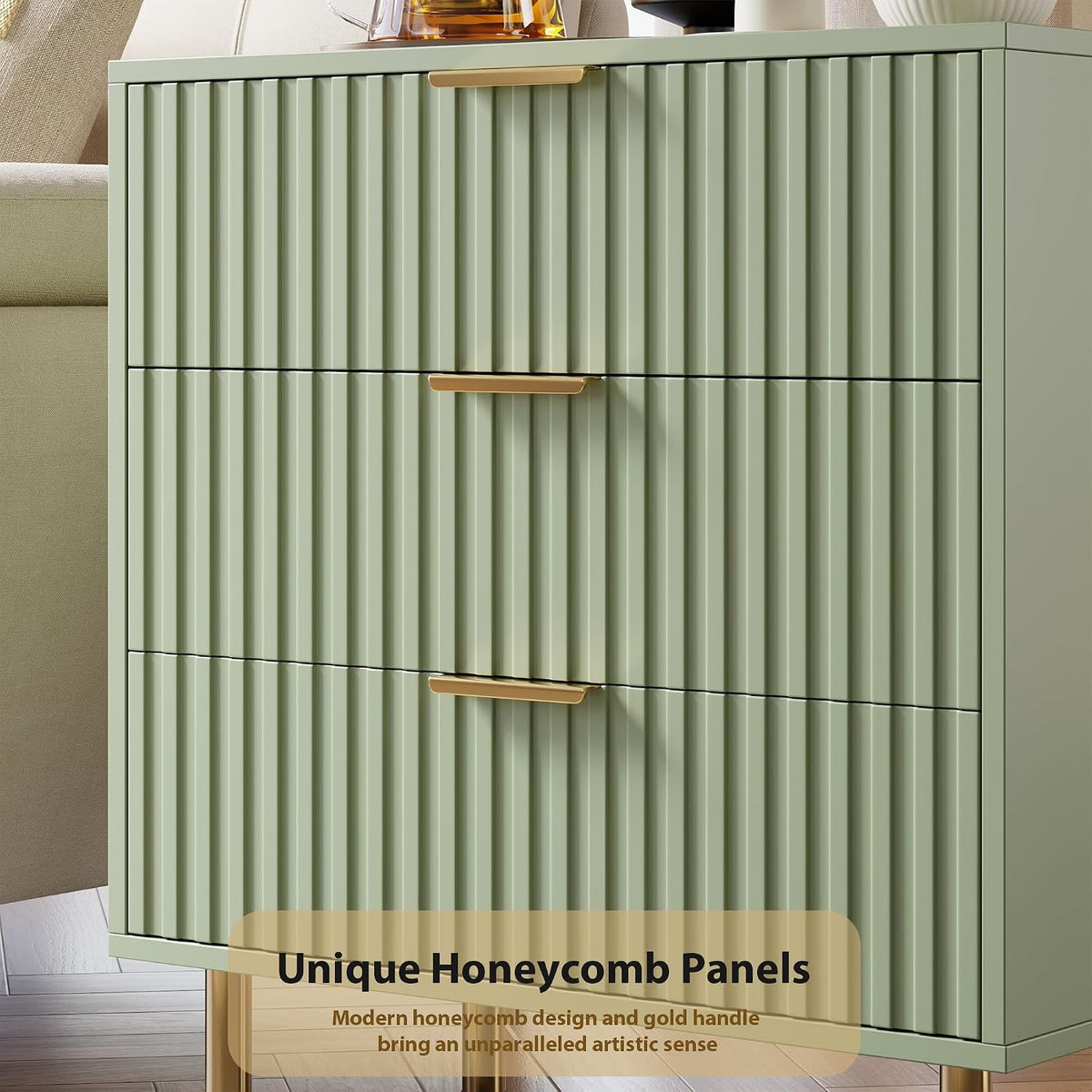 garveehome fluted green 3 drawer dresser for bedroom showing dimensions
