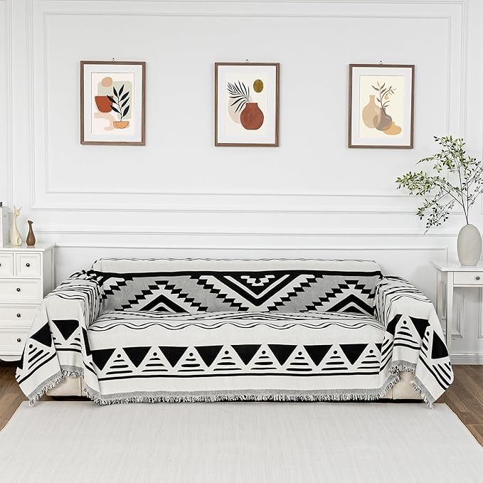 MYSKY HOME Boho Couch Cover for Dogs Washable Black Rhombic Couch Sofa by MYSKYHOME