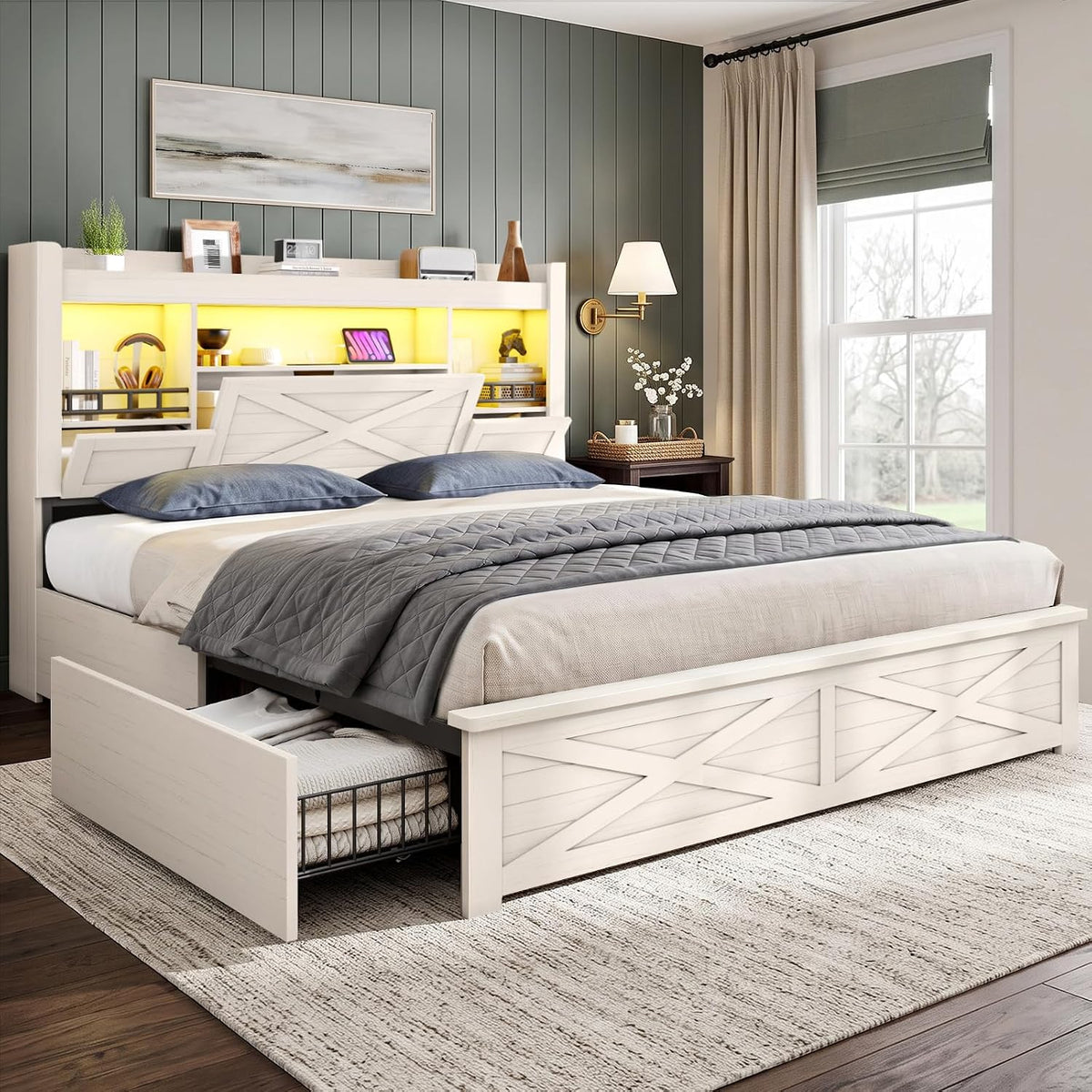 viagdo farmhouse queen bed frame with flip-down bookcase, main product view