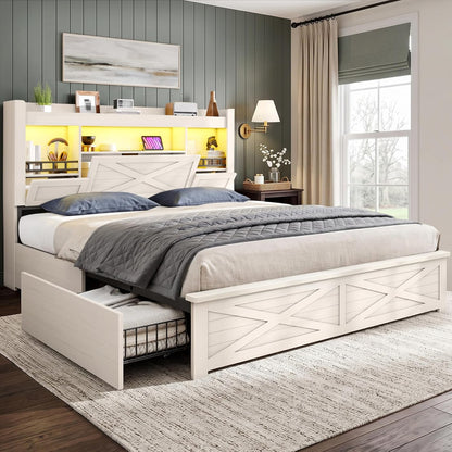 viagdo farmhouse queen bed frame with flip-down bookcase, main product view
