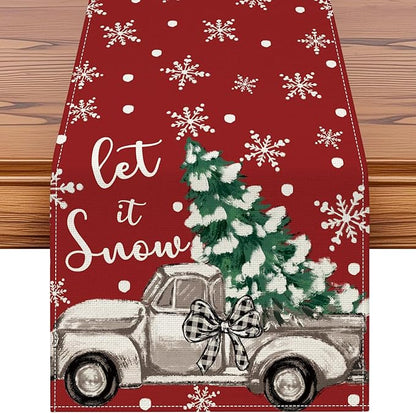 OTOSTAR Truck Christmas Tree Let It Snow Christmas Table Runner, Xmas Seasonal by OTOSTAR