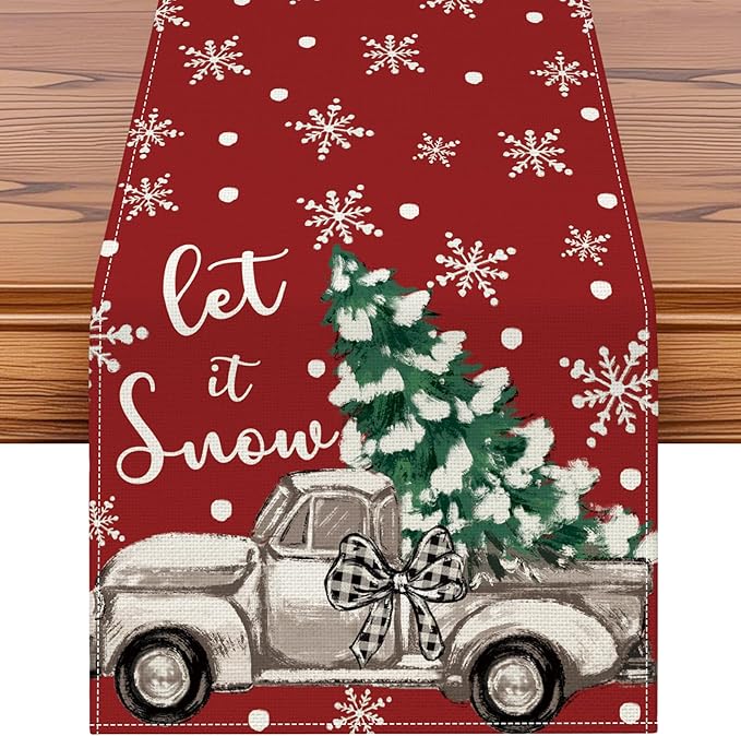 OTOSTAR Truck Christmas Tree Let It Snow Christmas Table Runner, Xmas Seasonal by OTOSTAR