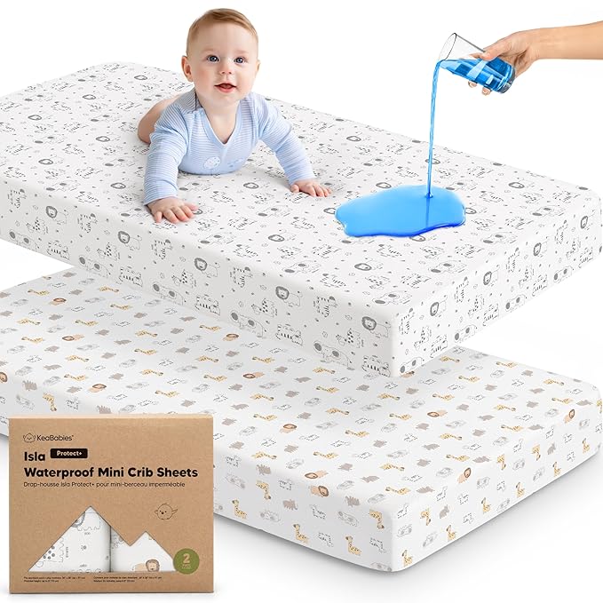 2-Pack Waterproof Pack and Play Sheets, Mini Crib Sheets Fitted by KeaBabies