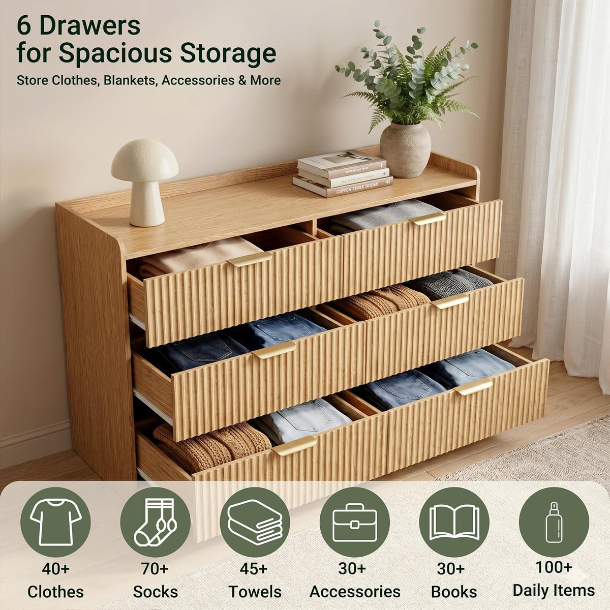 ourpic fluted modern 6 drawer dresser for bedroom, close-up detail