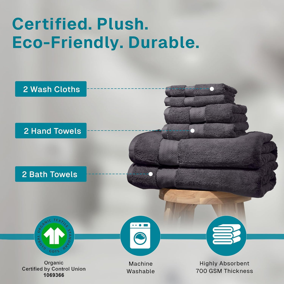 fabdreams 100% organic cotton bath towel set of, close-up detail