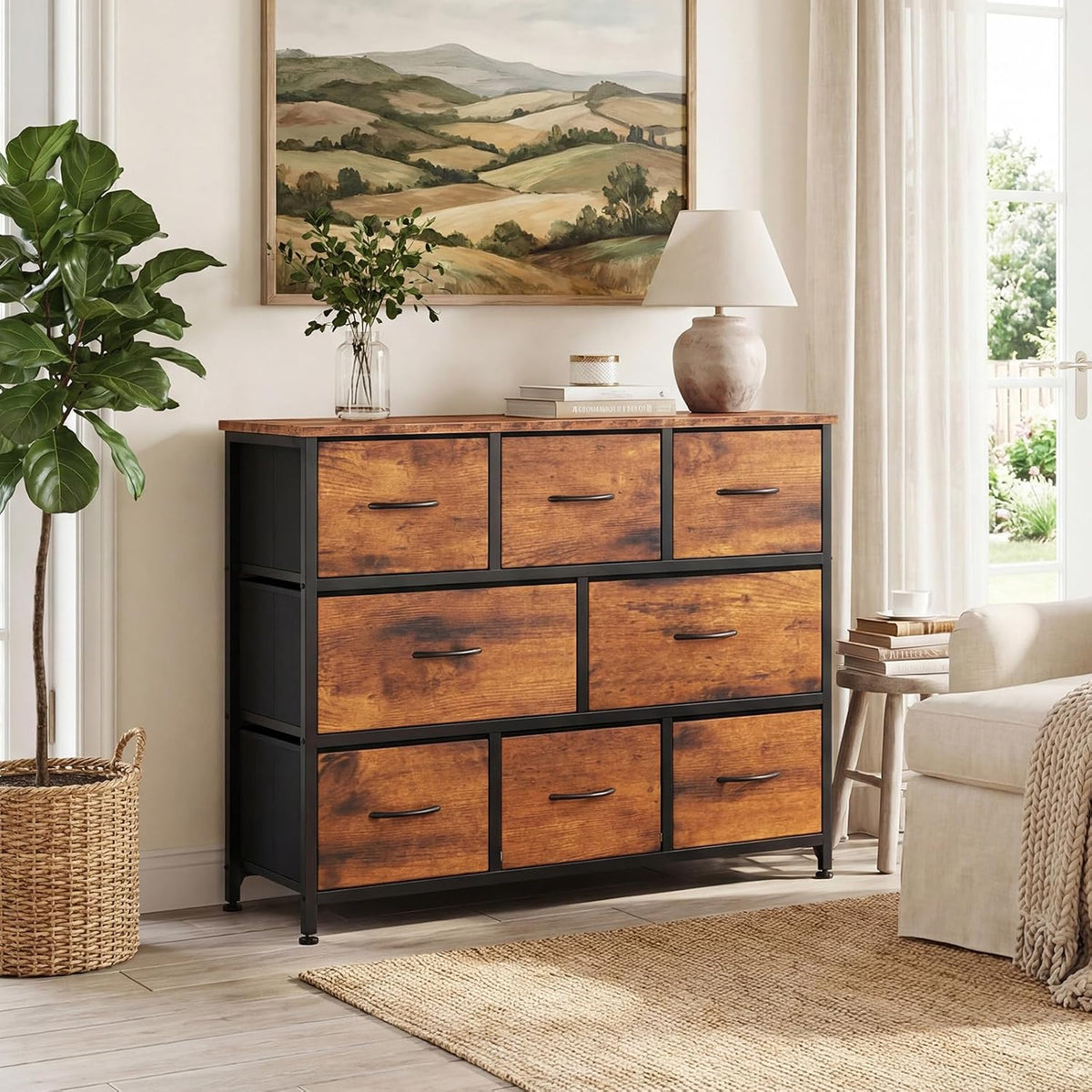 dumos wide dresser with 8 fabric drawers and on a desk or shelf