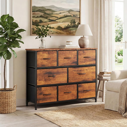 dumos wide dresser with 8 fabric drawers and on a desk or shelf