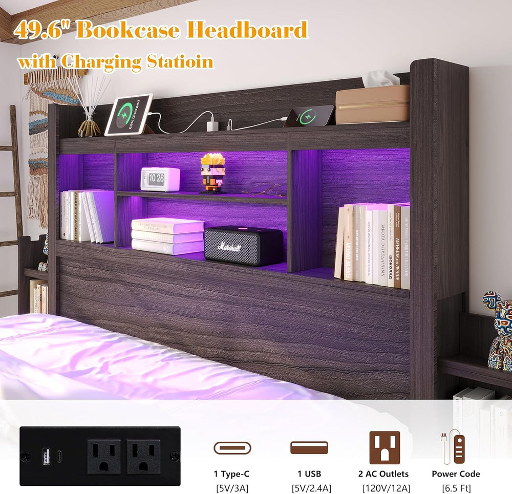 King Size Bed Frame with Bookcase Headboard & Storage, Black