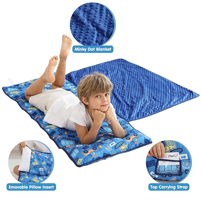Viviland Toddler Kid Nap Mat for Preschool, Boys Blue Car Slumber Bag, Daycare - Image 3