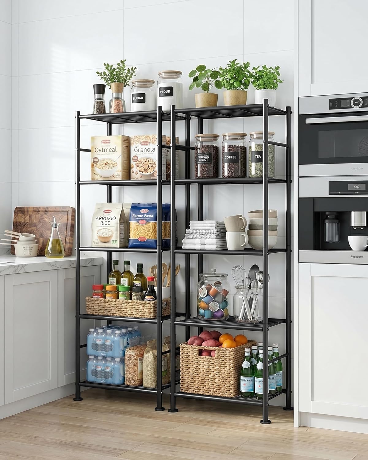sakugi 2-pack 5-tier metal storage shelves, 18.4"x12.6"x57.4", black on a desk or shelf