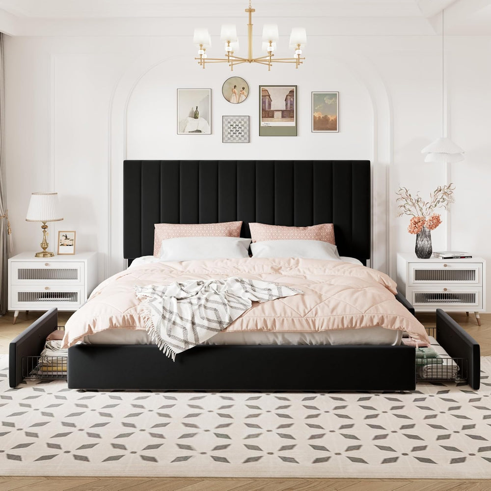 Allewie King Size Storage Bed Frame, Vertical Channel Tufted Adjustable Headb...
