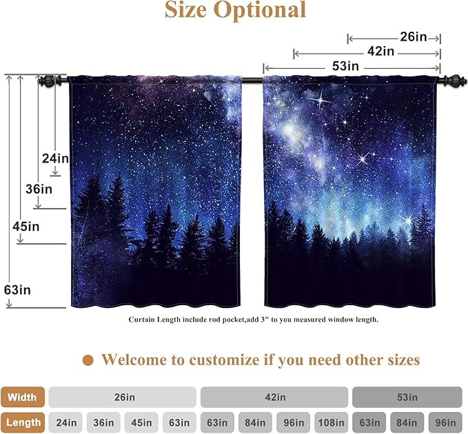 Renaiss 26 x 63 Inch Starry Night Sky Blackout Curtains Twinkle Star Forests - Image 6