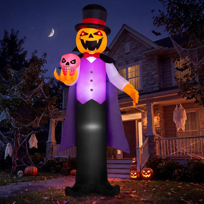Joiedomi 12FT Giant Halloween Inflatable Pumpkin Ghost Vampire with Skull, Halloween Blow Up Gentleman Ghost Yard Decoration with Built-in LED Glowing Eyes for Lawn Garden Indoor Outdoor Decor