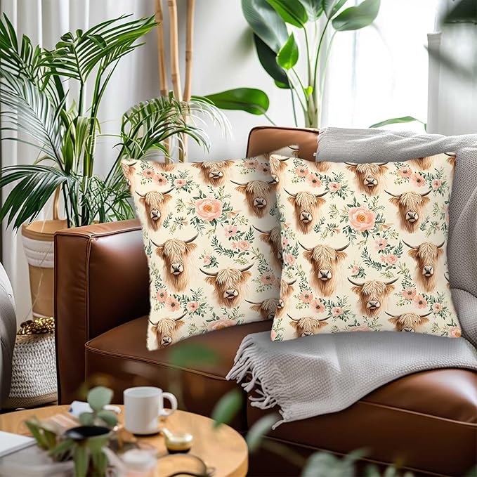 Highland Cow Throw Pillow Covers Set of 2 | 18x18 Inches Cushion Cases - Image 2