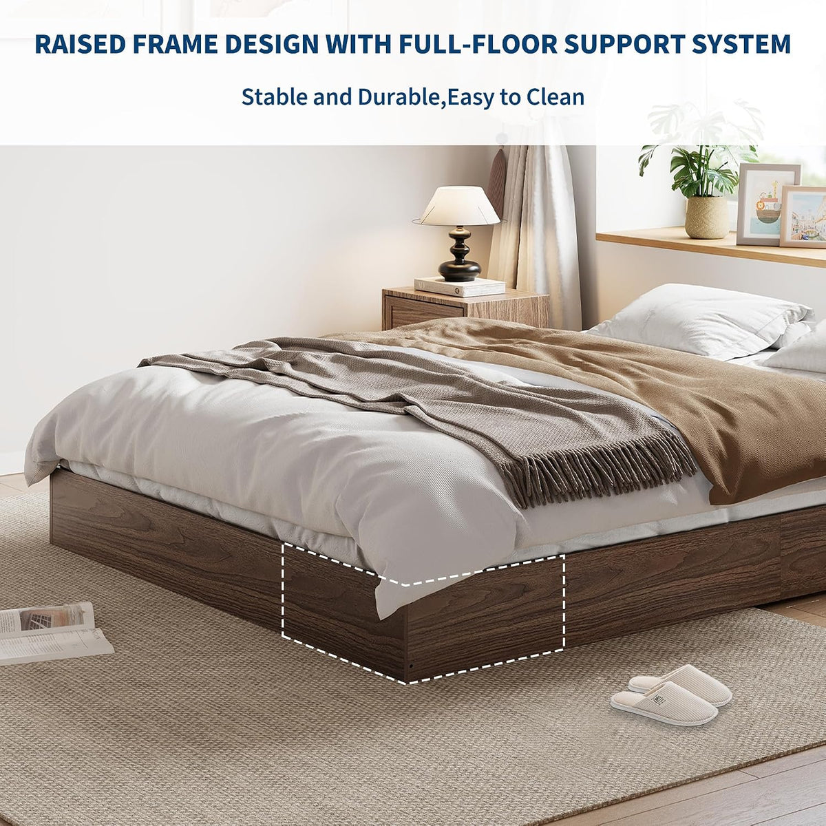 queen bed frame, wood platform bed with sturdy showing dimensions