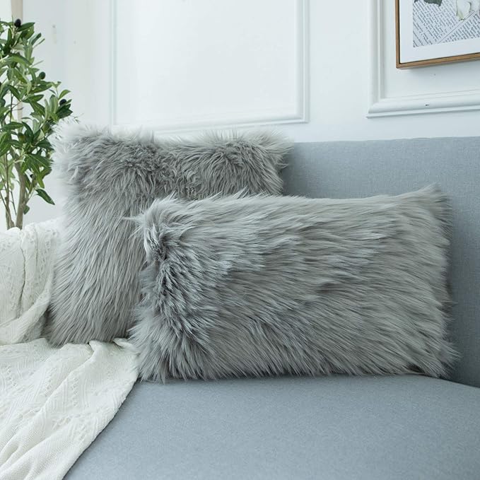 LIGICKY Set of 2 Decorative Grey Lumbar Fluffy Throw Pillow Cover Faux Fur - Image 3