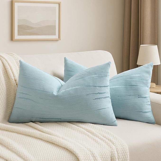 HAUSSY Light Blue Throw Pillow Covers 12x20 Inch Set of 2, Boho Embossed by HAUSSY