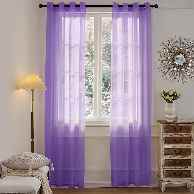 Foil Stripe Purple Sheer Curtains 84 inches Length 2 Panels by MISSTIAM