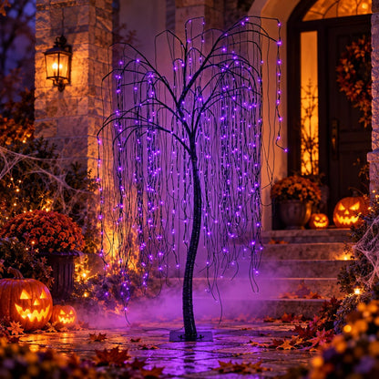 7 FT Halloween Lighted Willow Tree 256 LED Purple Lights Artificial Weeping Willow Tree with 6 Spiders Outdoor Indoor Decoration Christmas Festival Decor